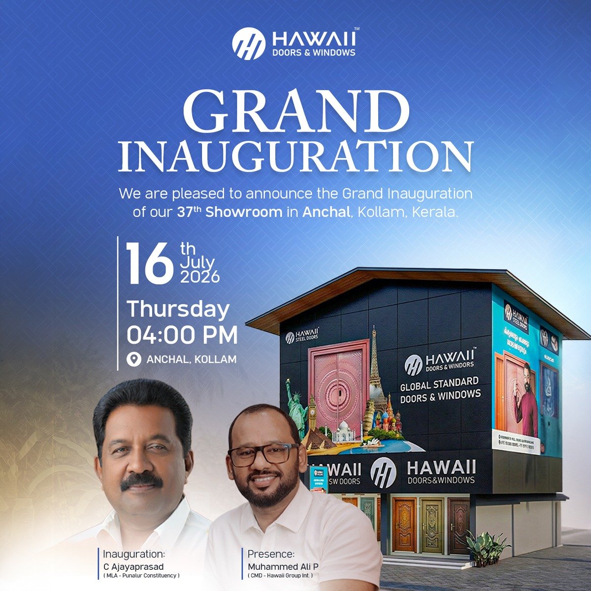 
																																					Hawaii Doors & Windows 37th showroom grand inauguration in Anchal, Kollam on 16 July 2026